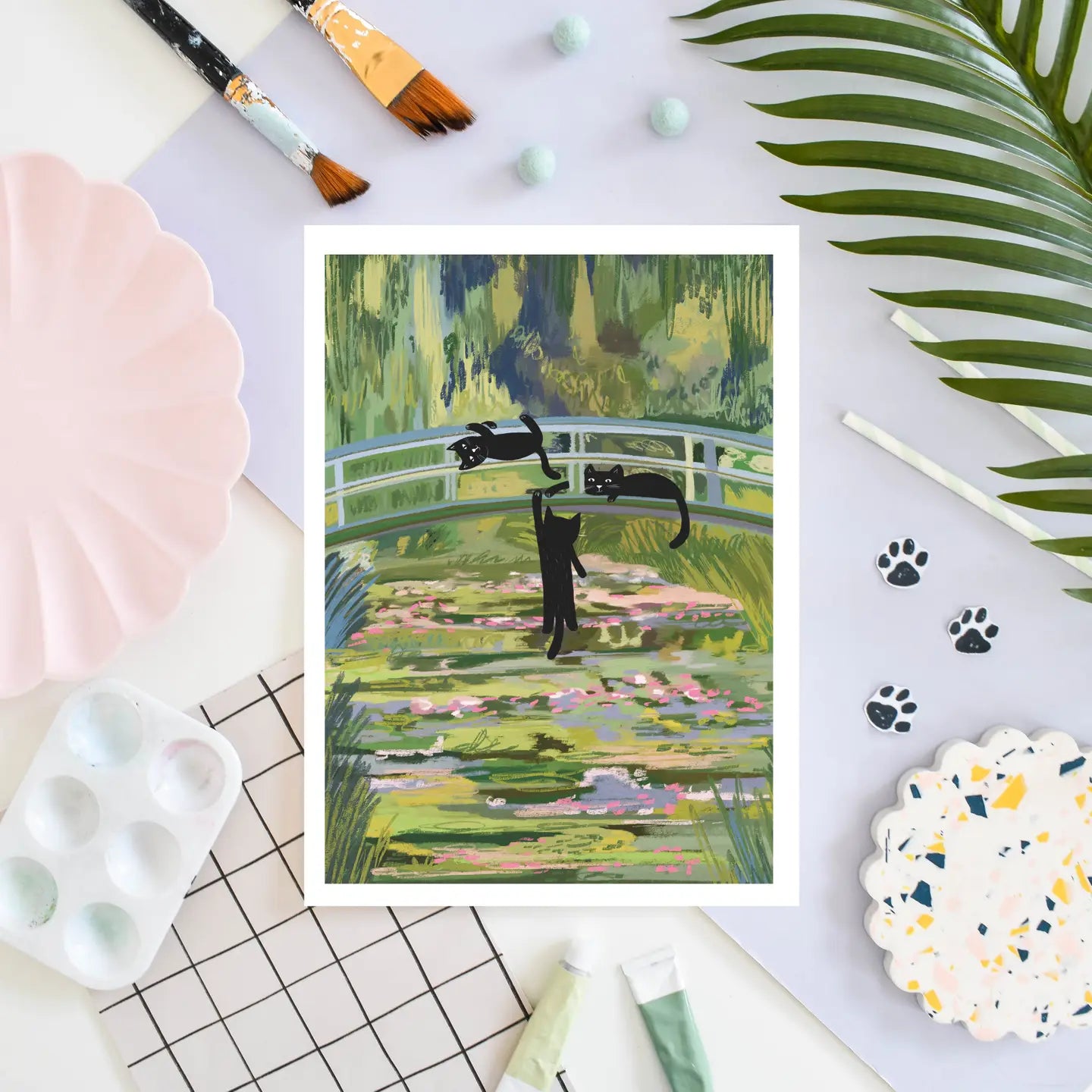 Clawed Monet Cats On A Bridge A4 Art Print