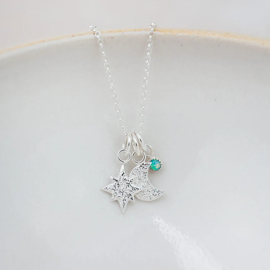 Sterling Silver Precious Stone Star and Moon Pendant