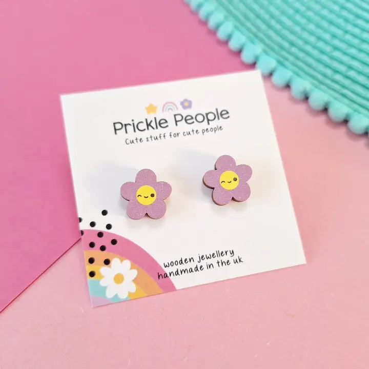 Purple Wooden Flower Stud Earrings