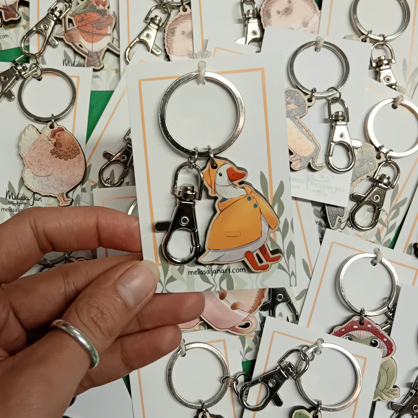Goose In A Raincoat Wooden Keyring