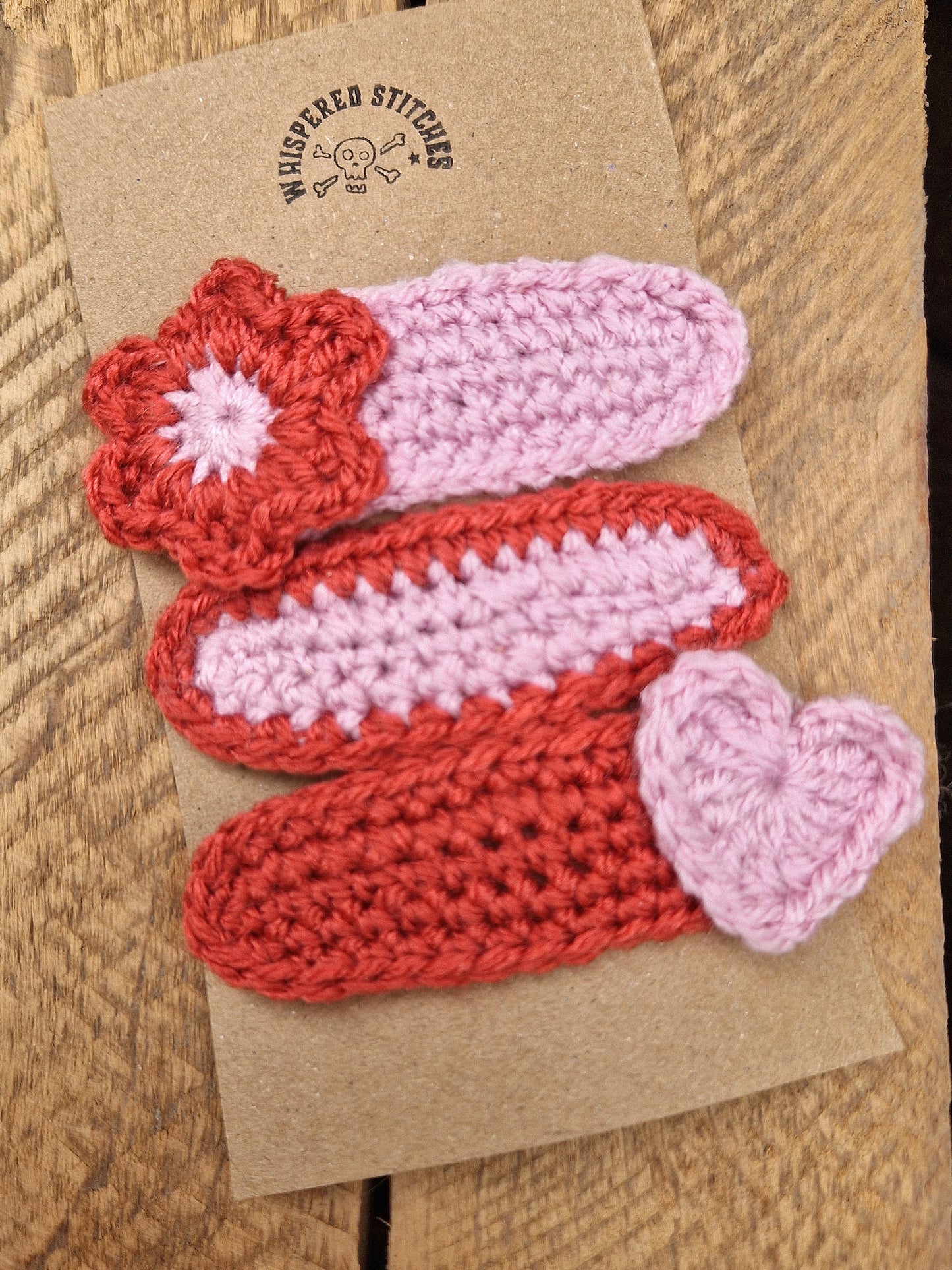 Hand Crochet Hair Clips - Set of 3 Red/Pink