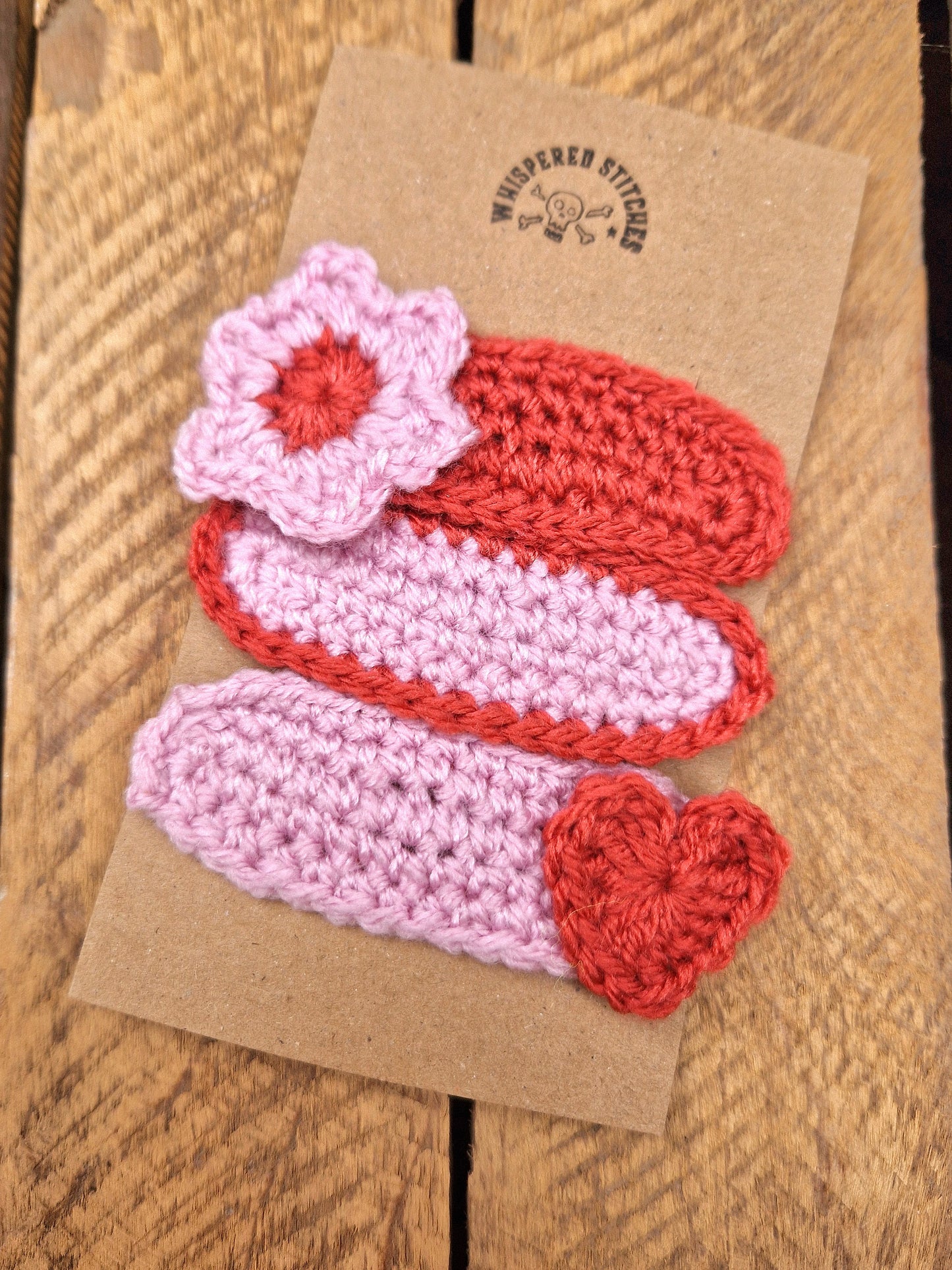 Hand Crochet Hair Clips - Set of 3 Red/Pink