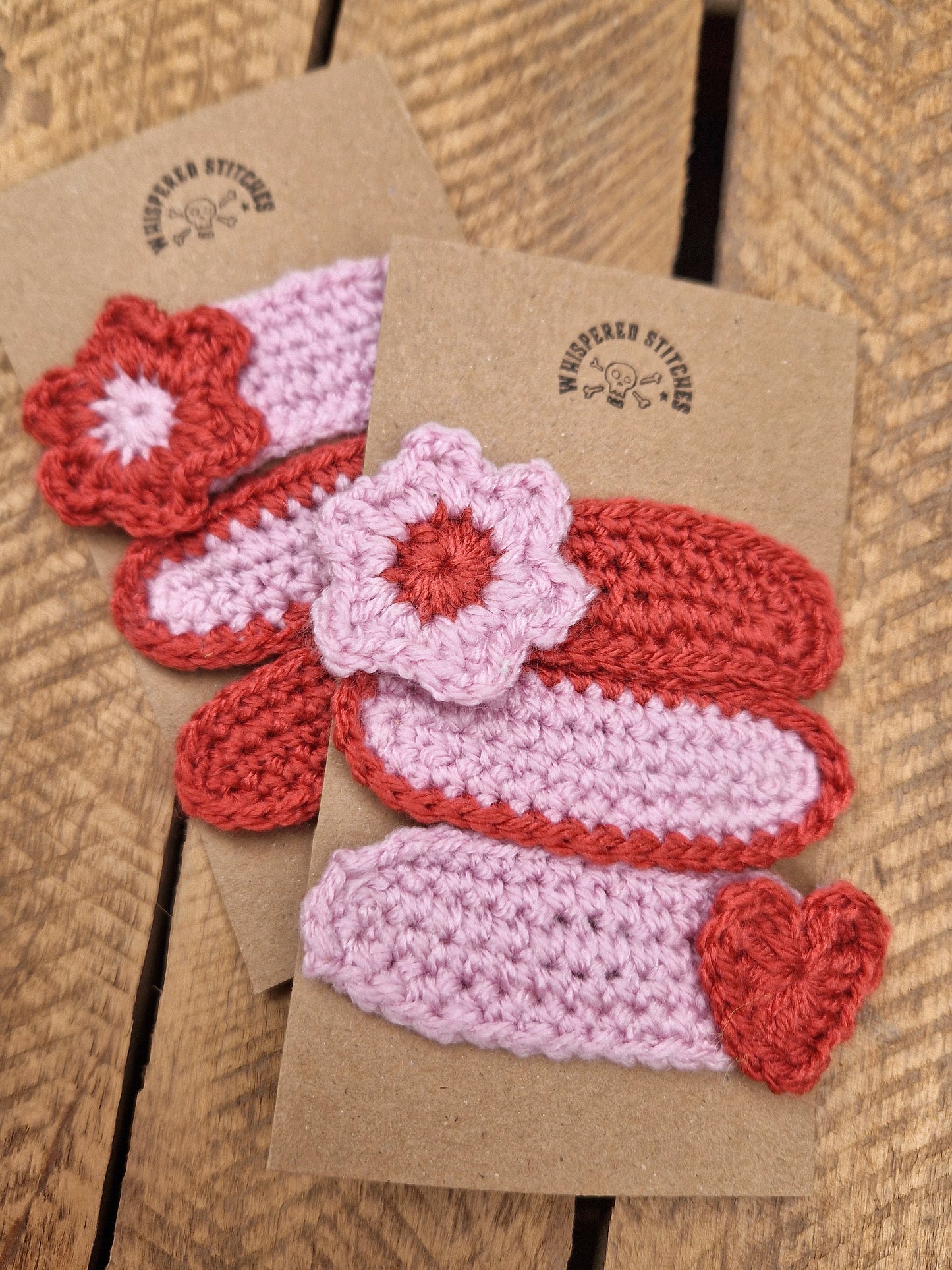 Hand Crochet Hair Clips - Set of 3 Red/Pink