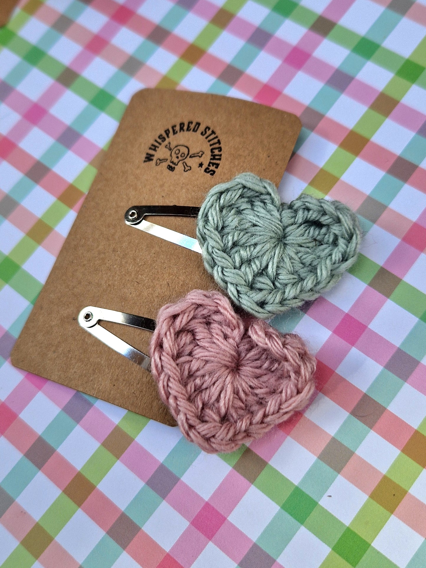 Hand Crochet Heart Hair clips - Pink/Green