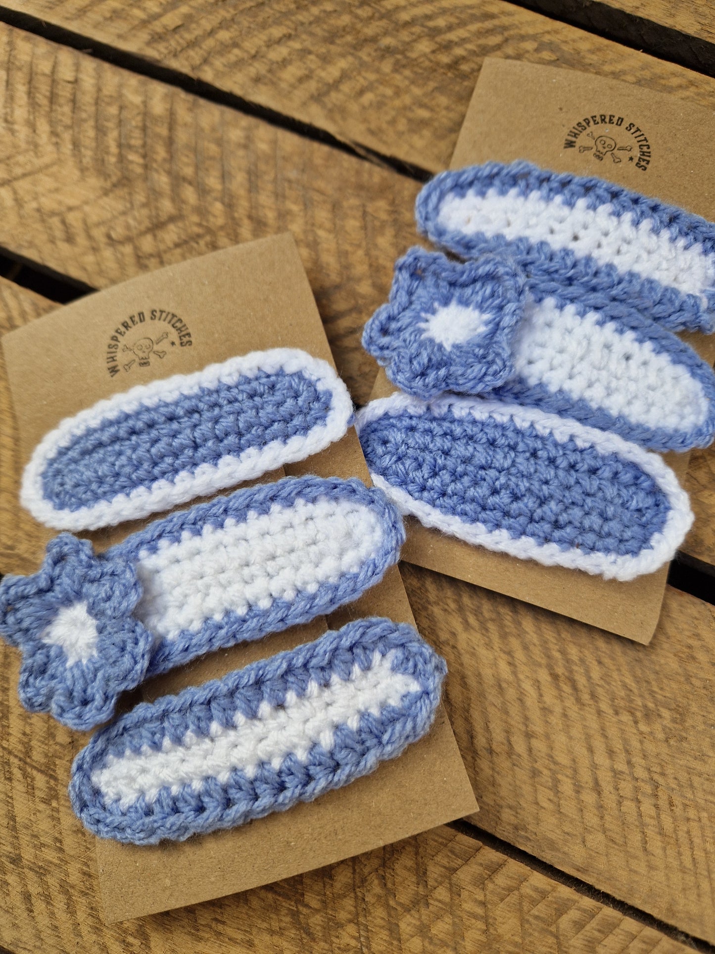 Hand Crochet Hair Clips - Set of 3 Blue/White