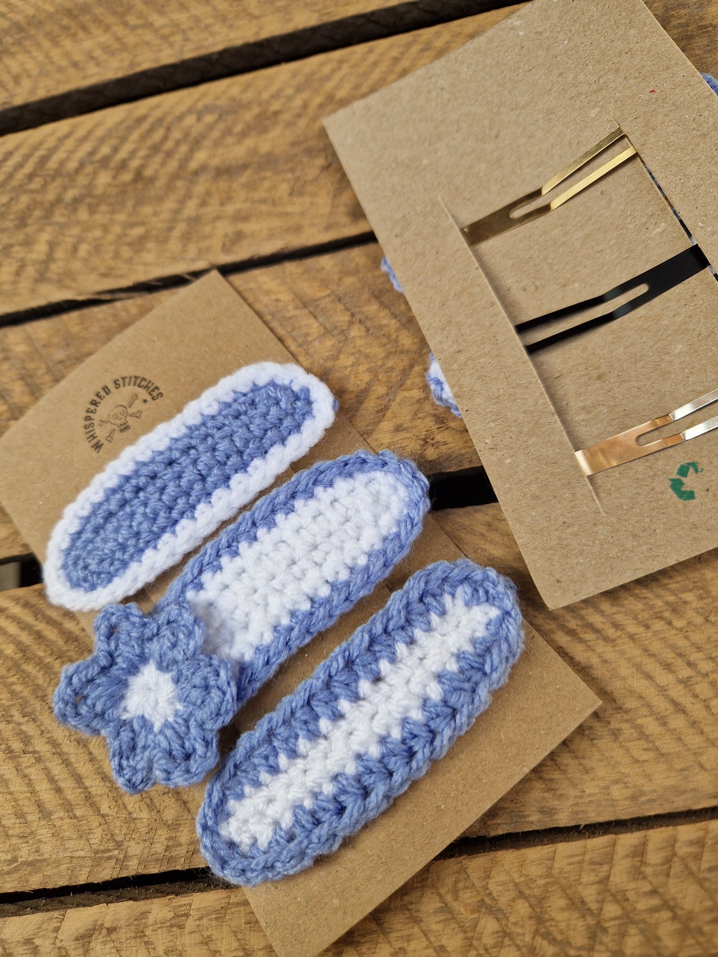 Hand Crochet Hair Clips - Set of 3 Blue/White