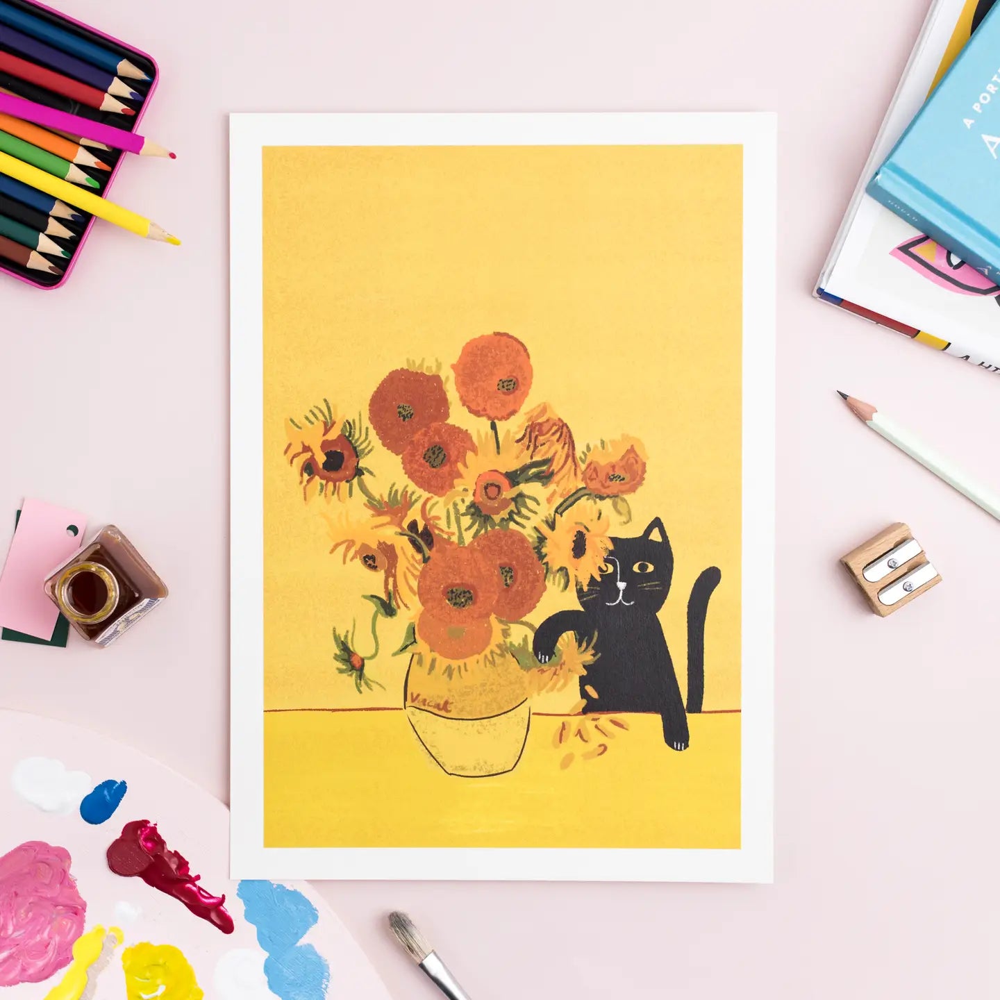 Sunflower Cat Art Print A4
