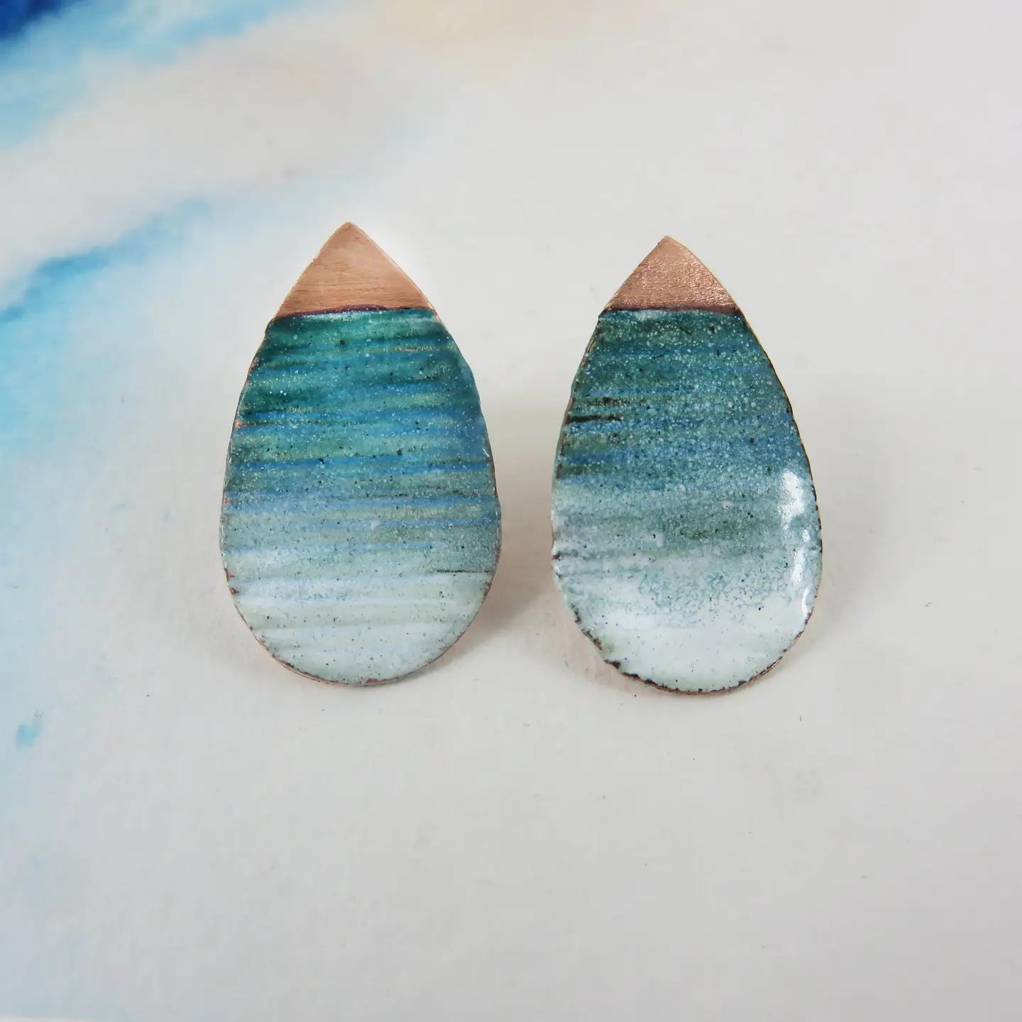 Textured Copper with Teal and White Enamel Teardrop Studs
