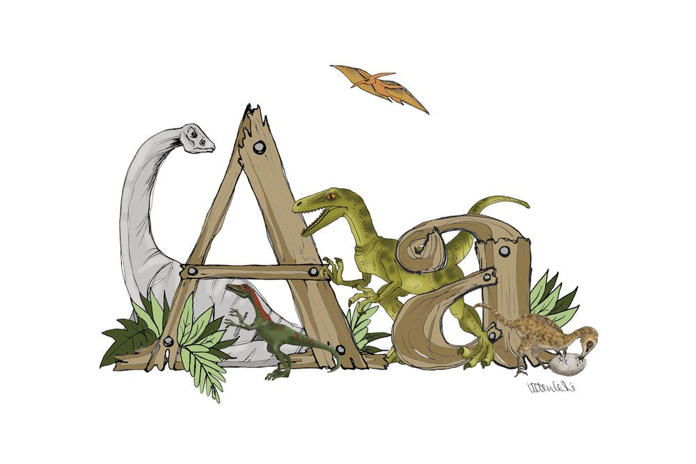 Dinosaurs Illustrated Initial Letter Print A5