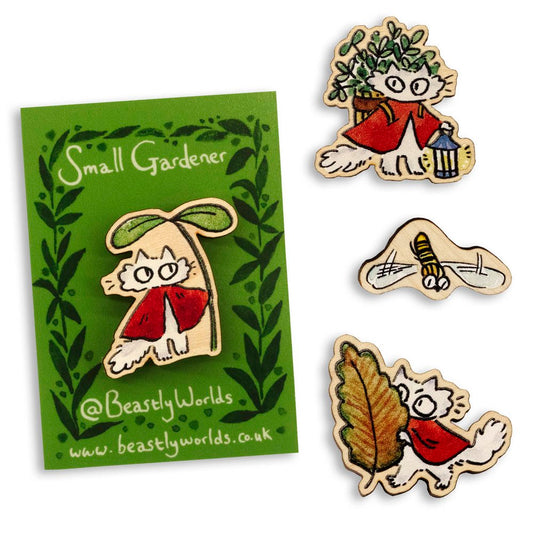 Small Gardener Wooden Pin Badge - 6 Styles To Choose From