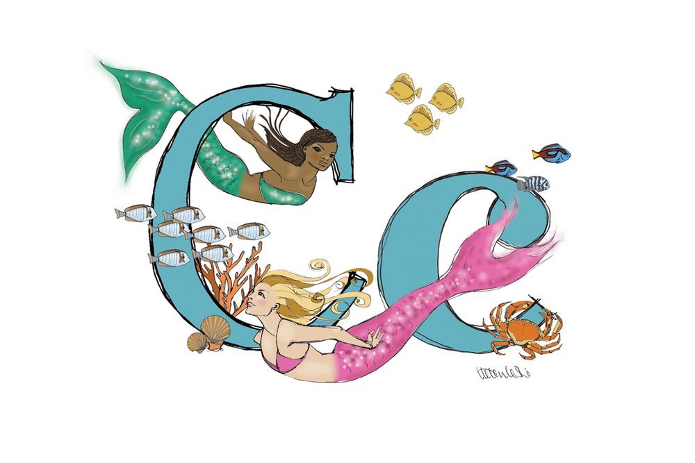 Mermaid Illustrated Initial Letter Print A5