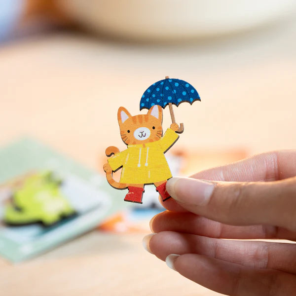 Wooden Rainy Day Cat Pin