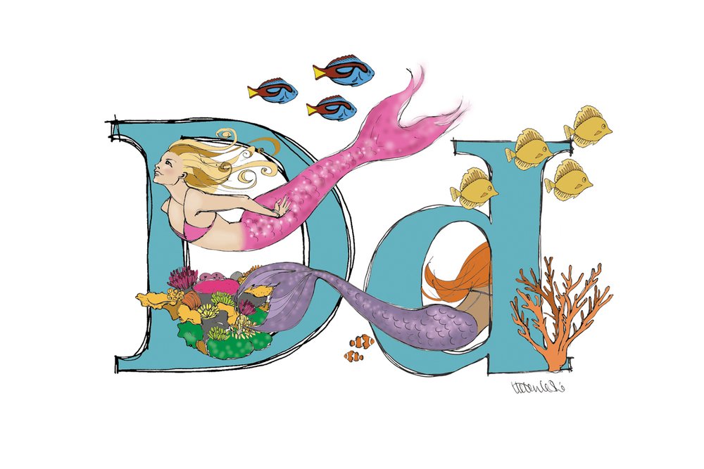 Mermaid Illustrated Initial Letter Print A5
