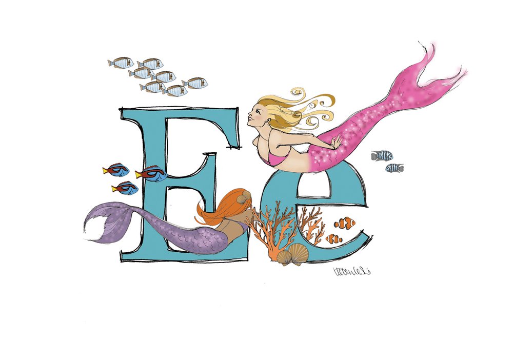 Mermaid Illustrated Initial Letter Print A5