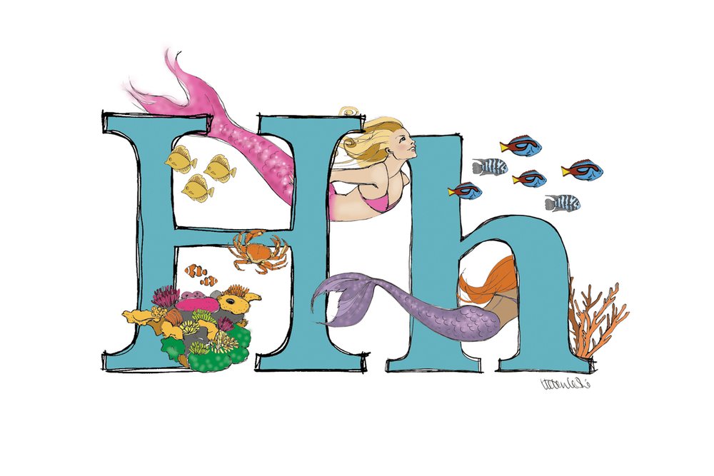 Mermaid Illustrated Initial Letter Print A5