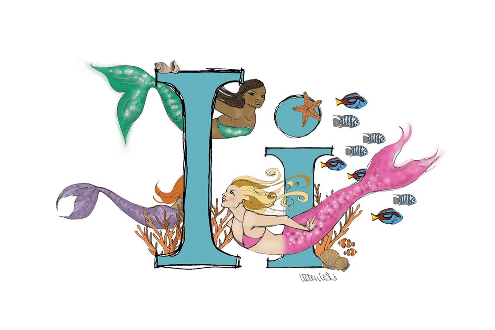 Mermaid Illustrated Initial Letter Print A5