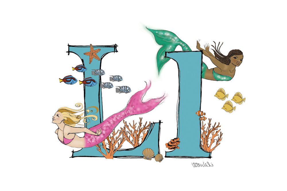 Mermaid Illustrated Initial Letter Print A5