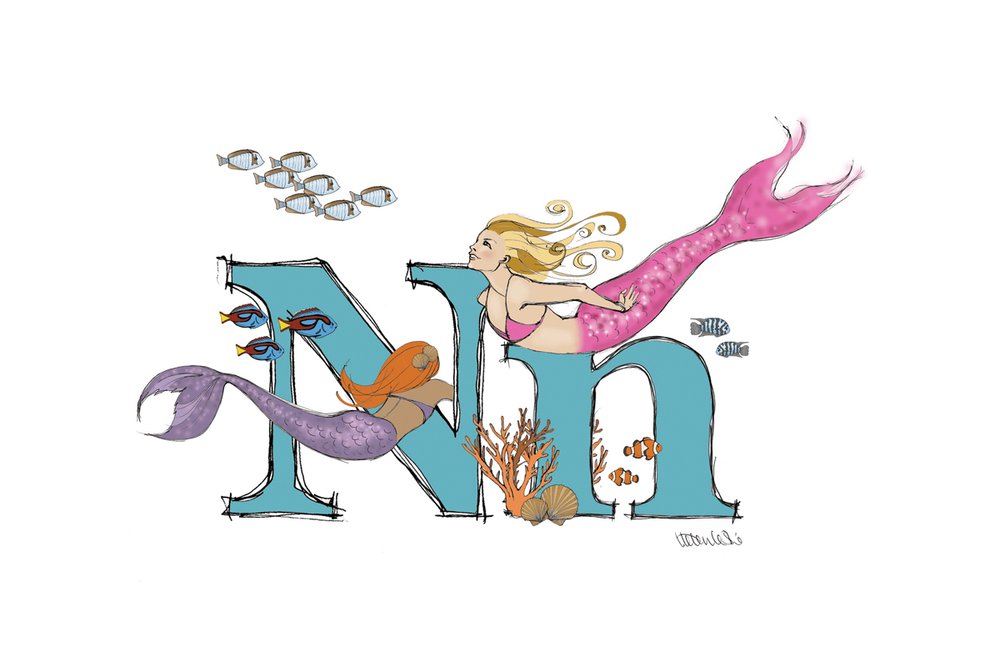 Mermaid Illustrated Initial Letter Print A5