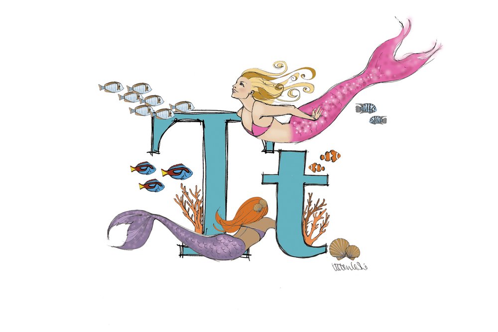 Mermaid Illustrated Initial Letter Print A5