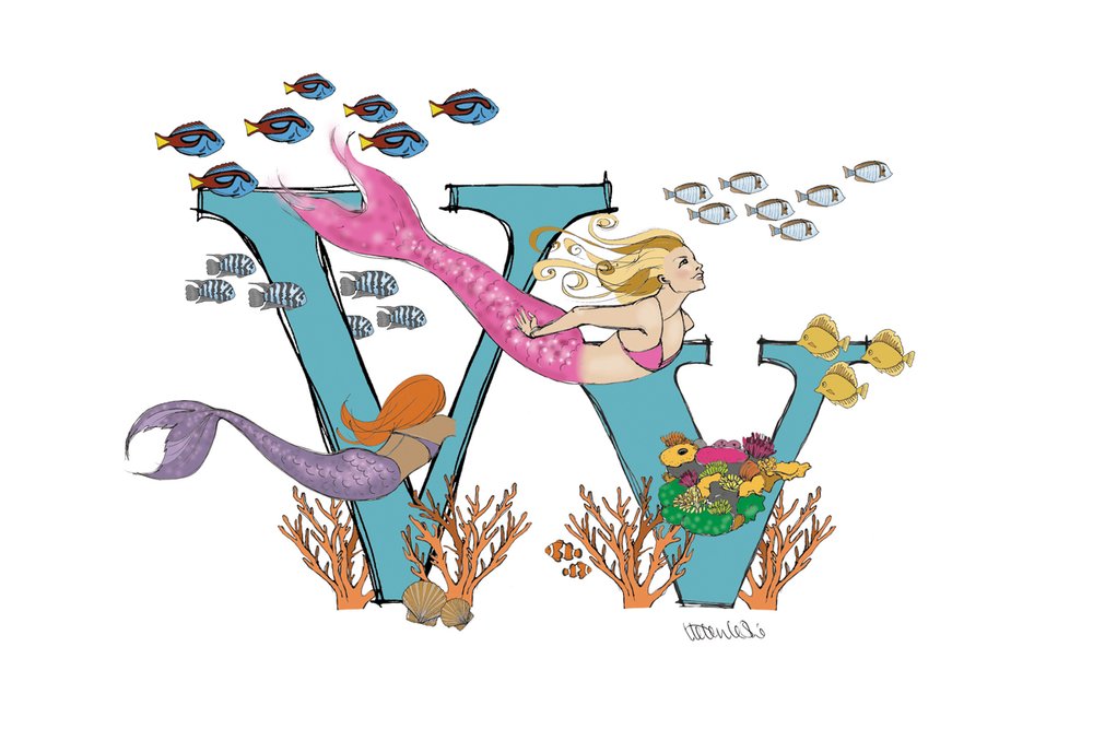 Mermaid Illustrated Initial Letter Print A5