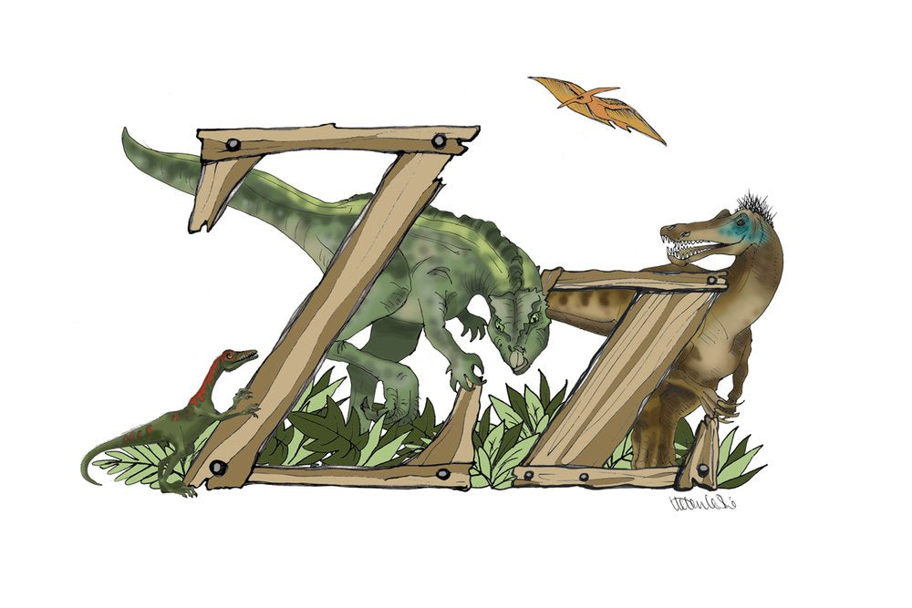Dinosaurs Illustrated Initial Letter Print A5