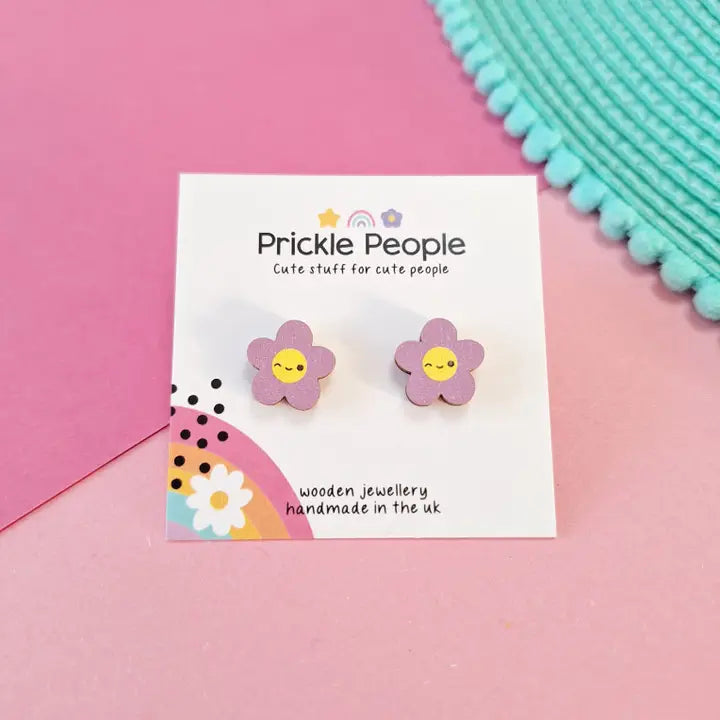 Purple Wooden Flower Stud Earrings