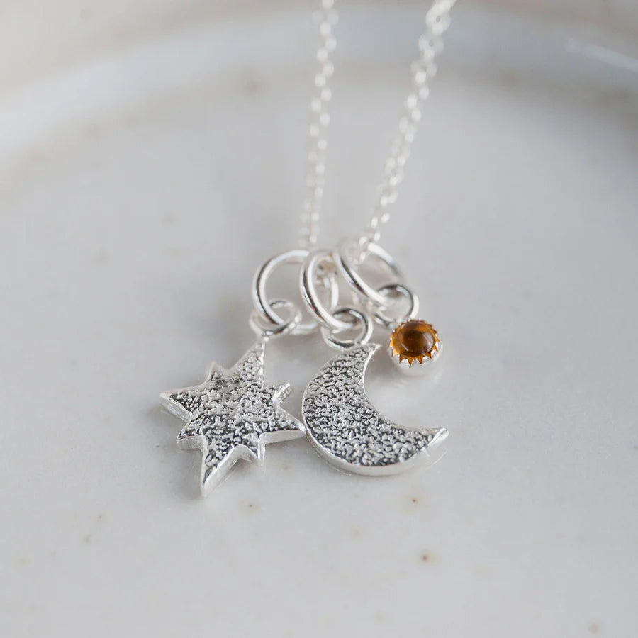 Sterling Silver Precious Stone Star and Moon Pendant