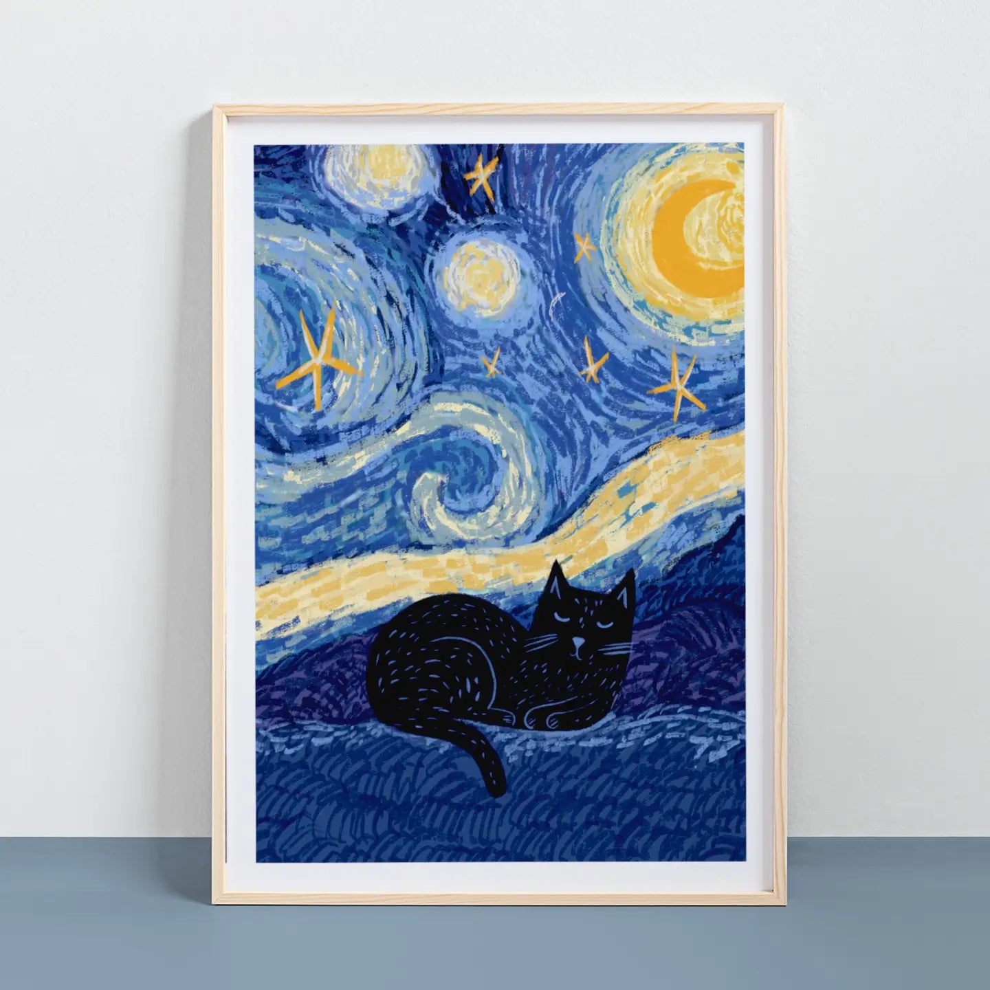 Starry Night Cat Art Print A4