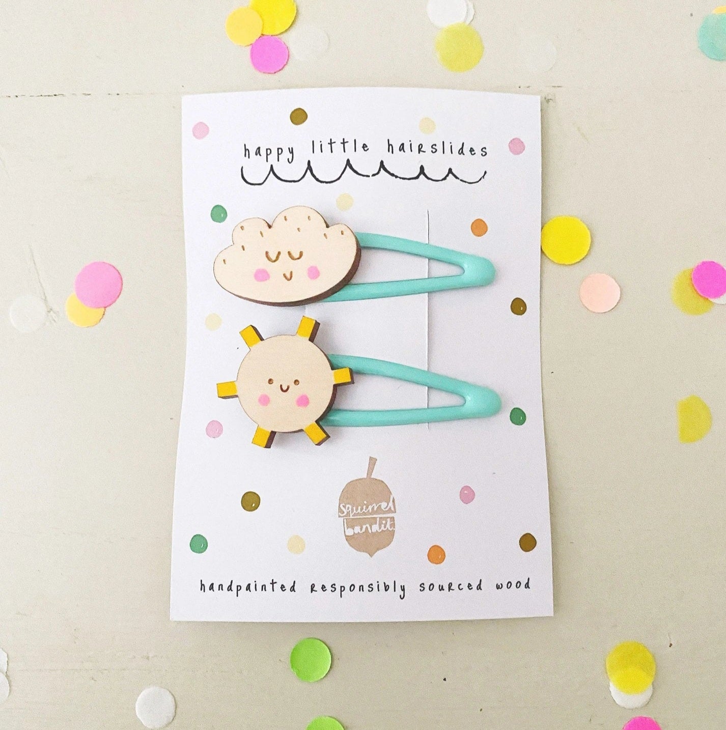 Smiley sunshine and cloud handpainted wooden hairclips