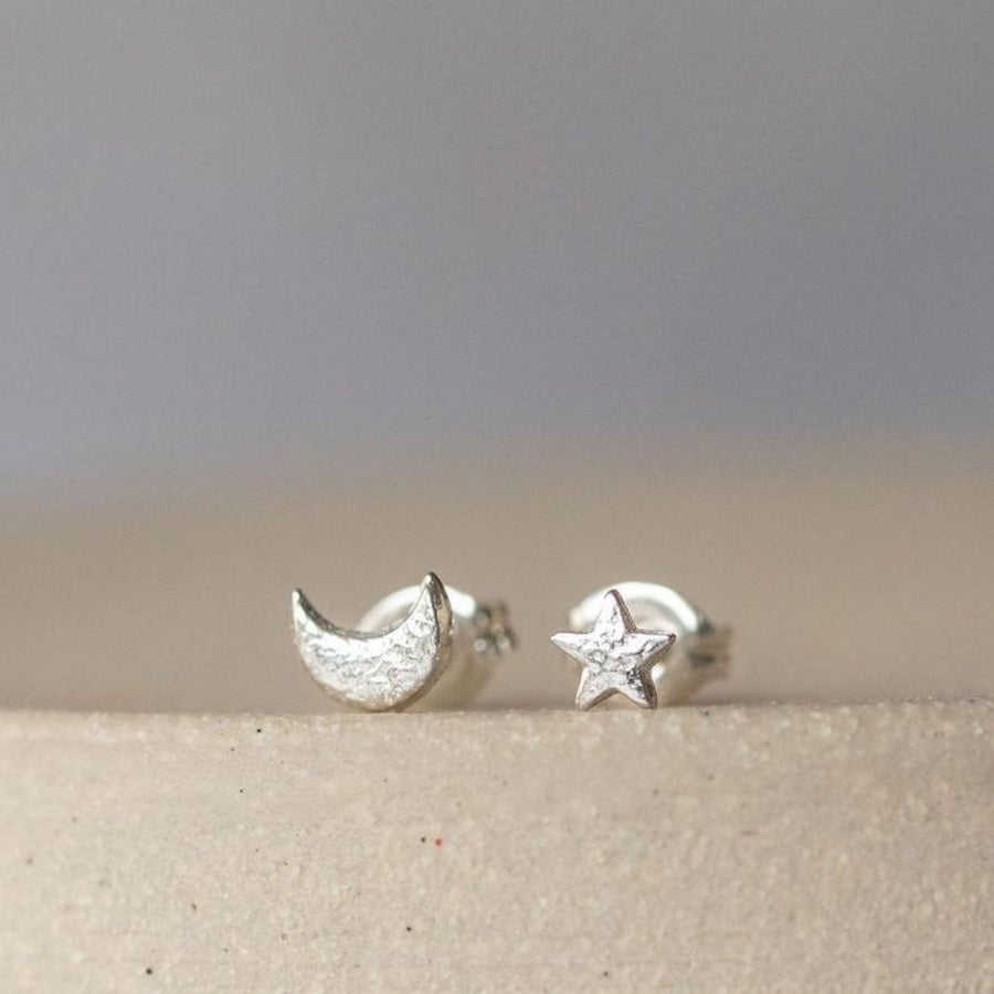 Star & Moon Mismatch Sterling Silver Mini Stud Earrings