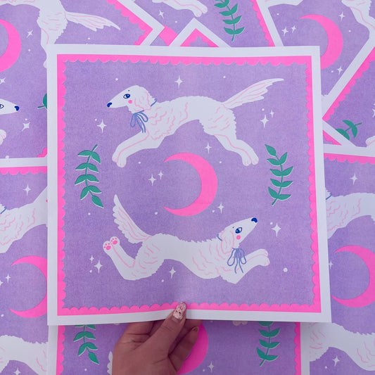 Leaping Borzoi's Square Risograph Print