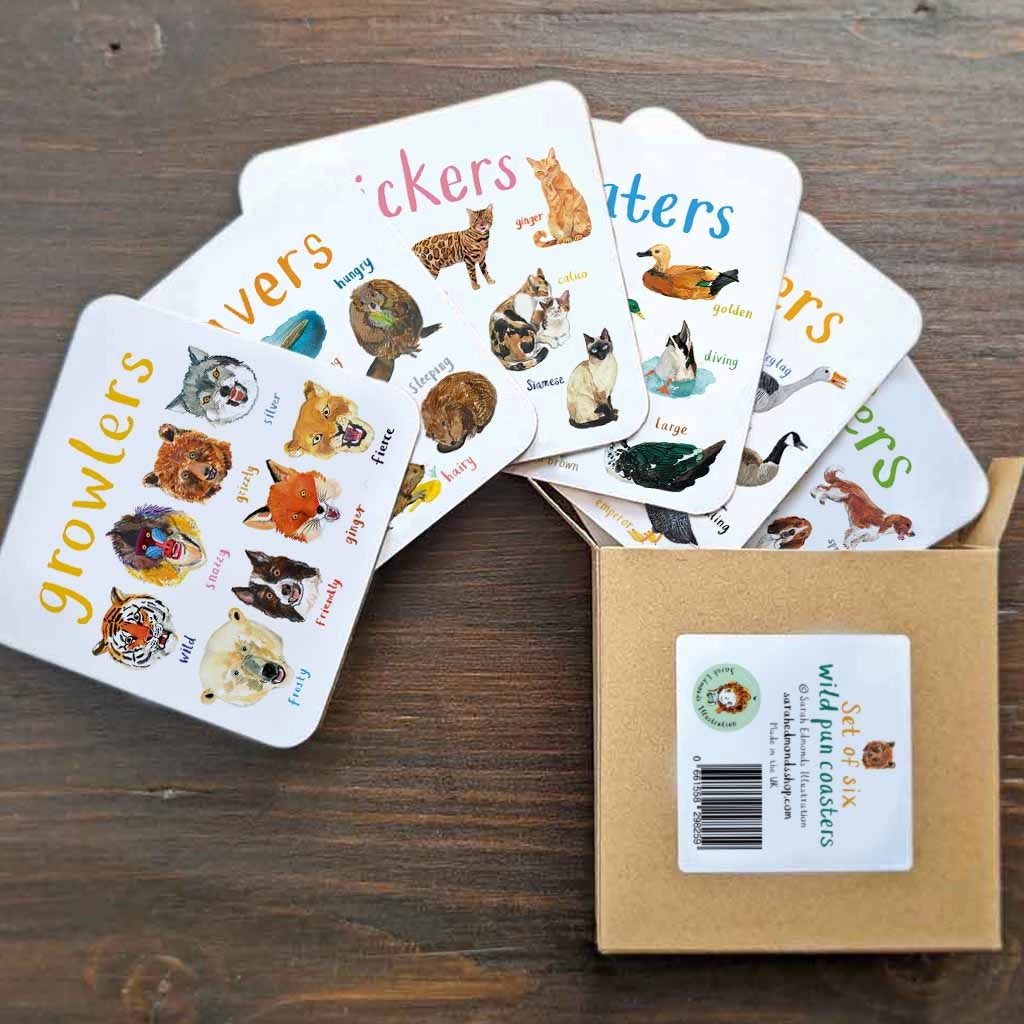 Set Of 6 Wild Pun Coasters