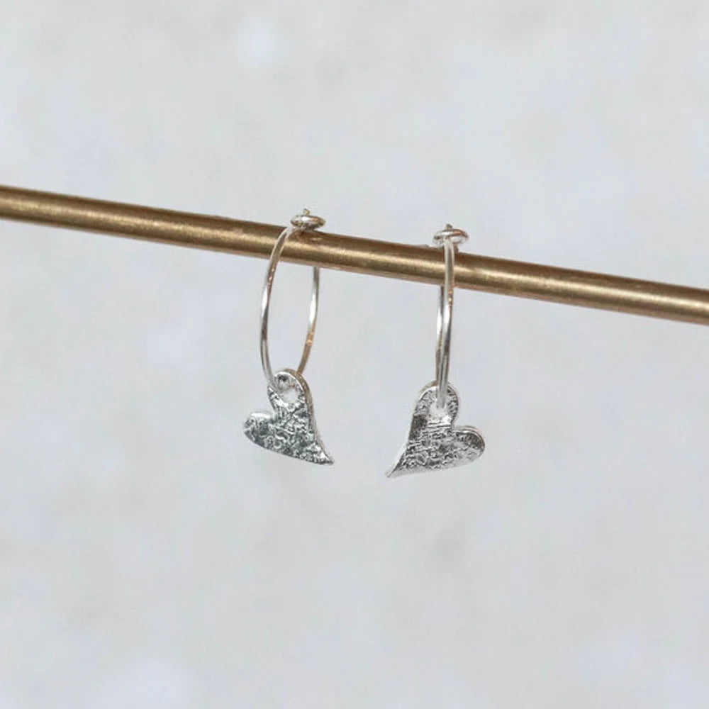 Tilted Heart Sterling Silver Hoop Earrings