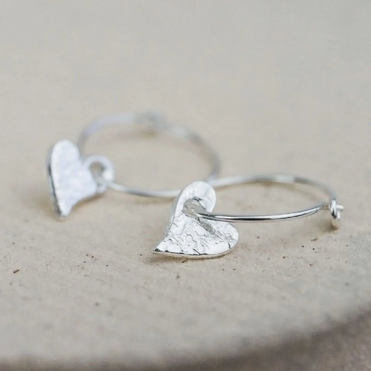 Tilted Heart Sterling Silver Hoop Earrings