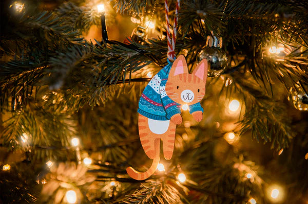 Hanging Cat Wooden Christmas Decoration - 3 Colours Available