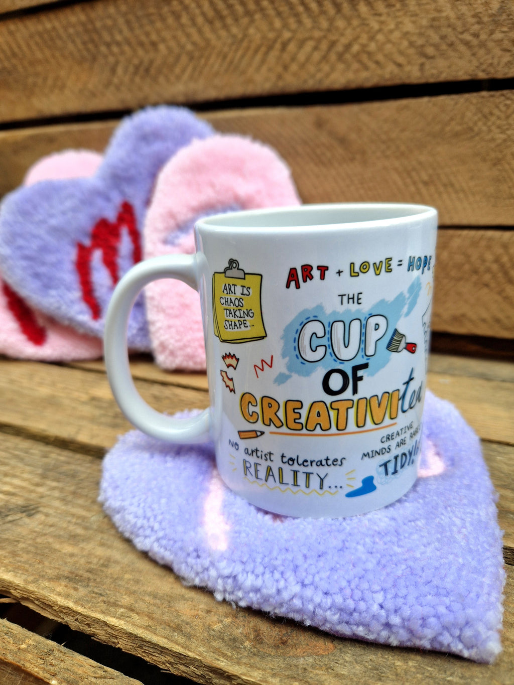 Heart 'Me' Slogan Tufted Yarn Mug Rugs - Various Colour Available