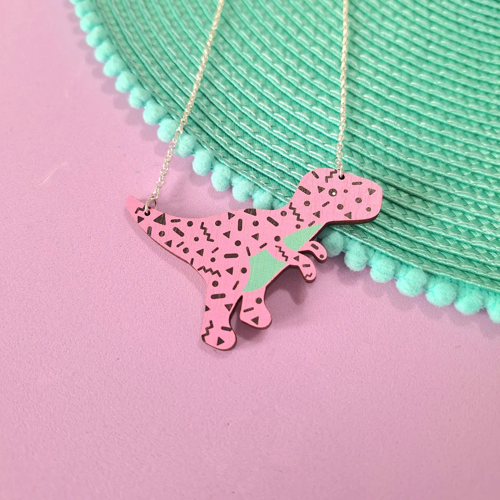 Retro Pattern T-rex Dinosaur Necklace - Pink
