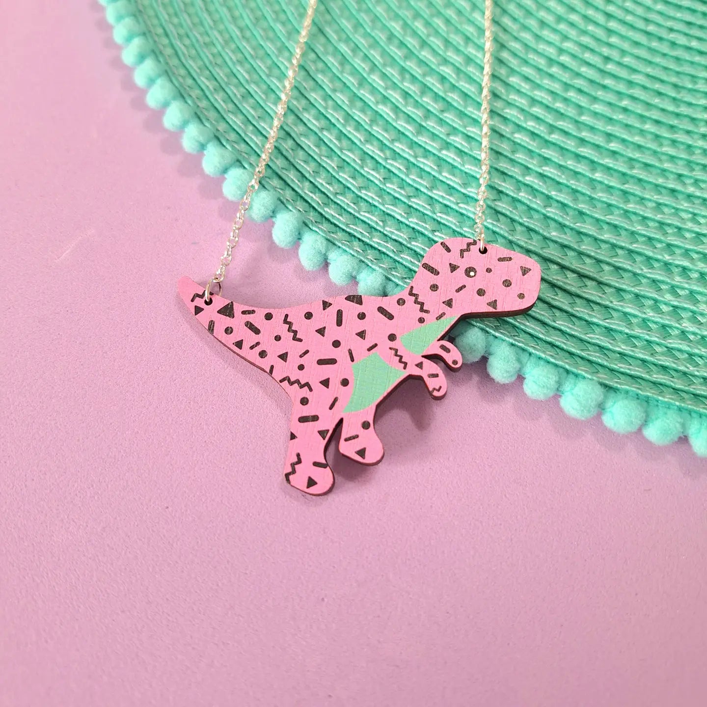 Retro Pattern T-rex Dinosaur Necklace - Pink
