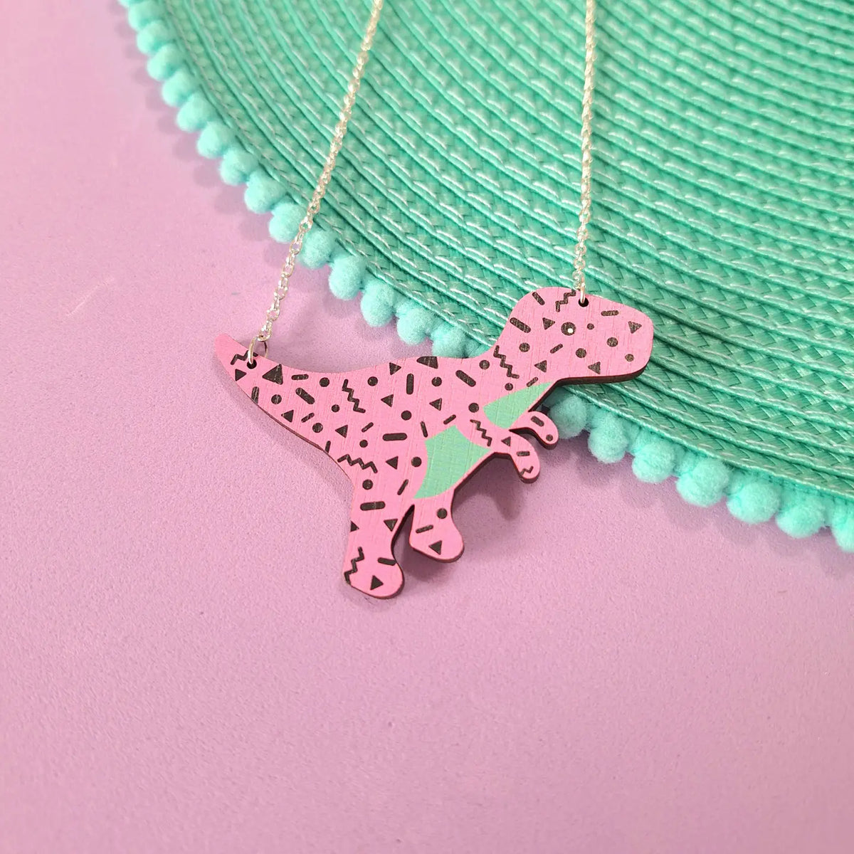 Retro Pattern T-rex Dinosaur Necklace - Pink