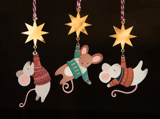 Hanging Mouse Wooden Christmas Decoration - 3 Colours Available