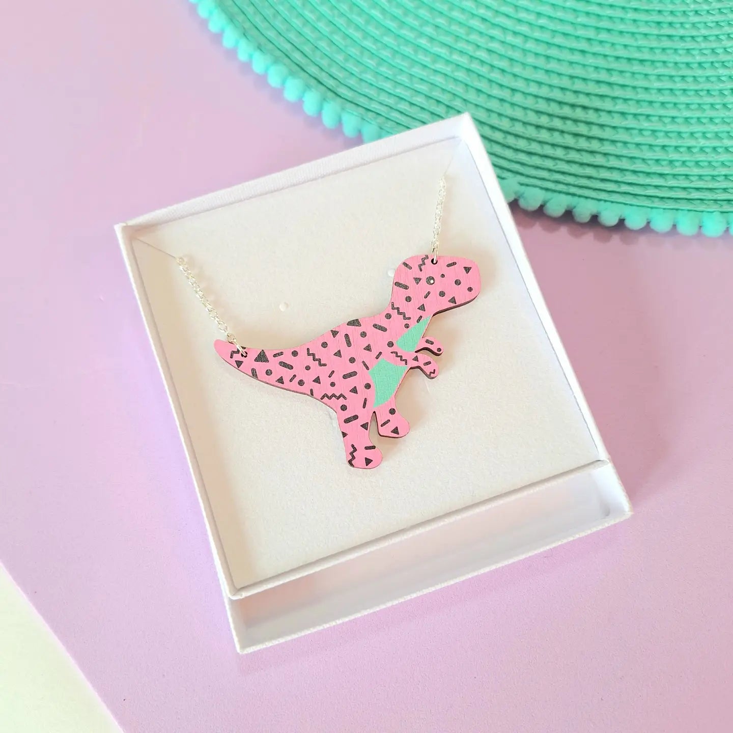 Retro Pattern T-rex Dinosaur Necklace - Pink