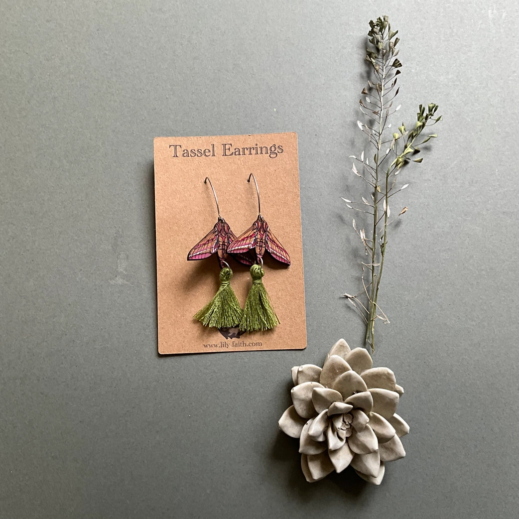 Elephant Hawk Moth Tassel Earrings