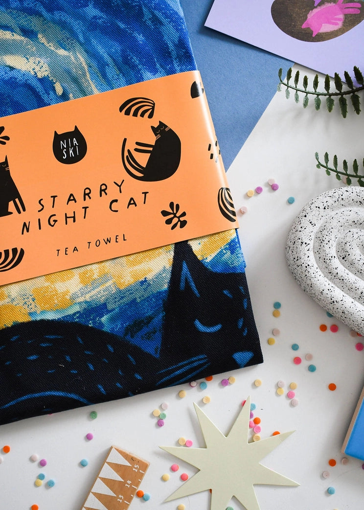 Starry Night Cat Tea Towel