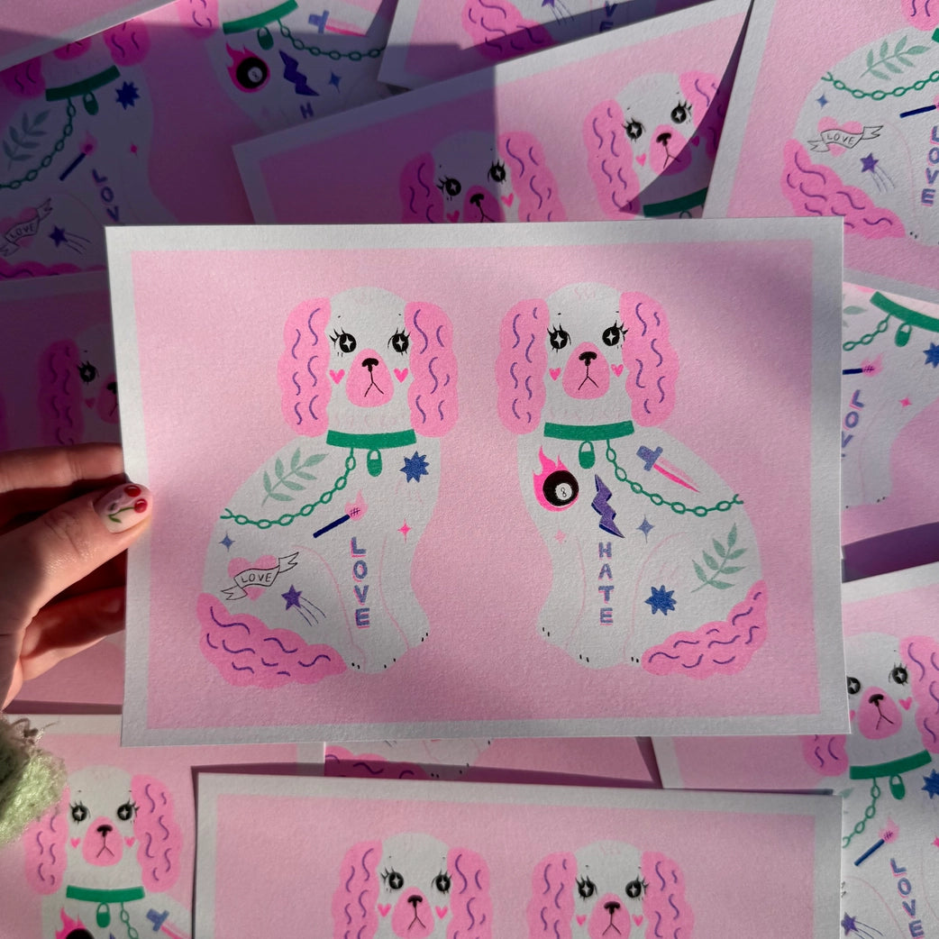 Love/Hate Staffordshire Dogs A5 Risograph Print