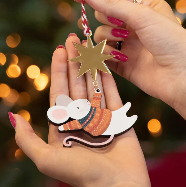 Hanging Mouse Wooden Christmas Decoration - 3 Colours Available