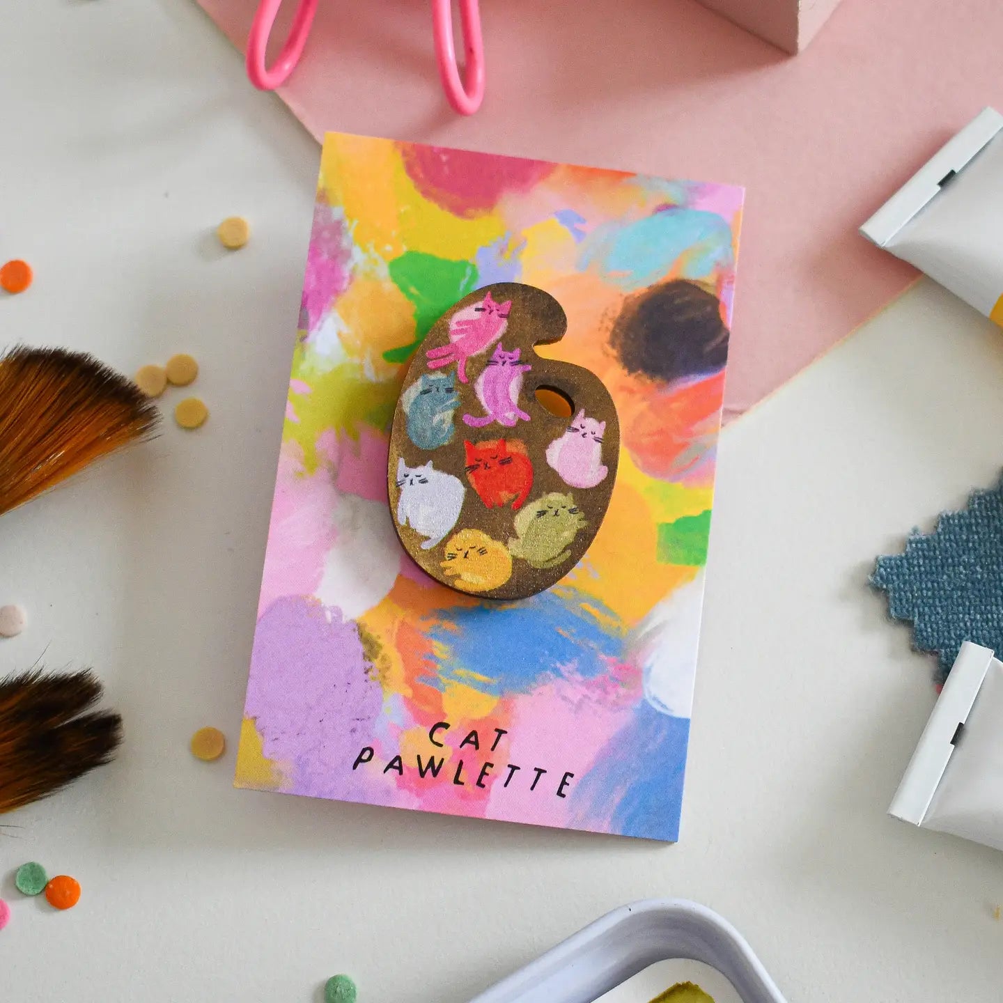 'Cat Artist' Paint Palette Wooden Pin Badge