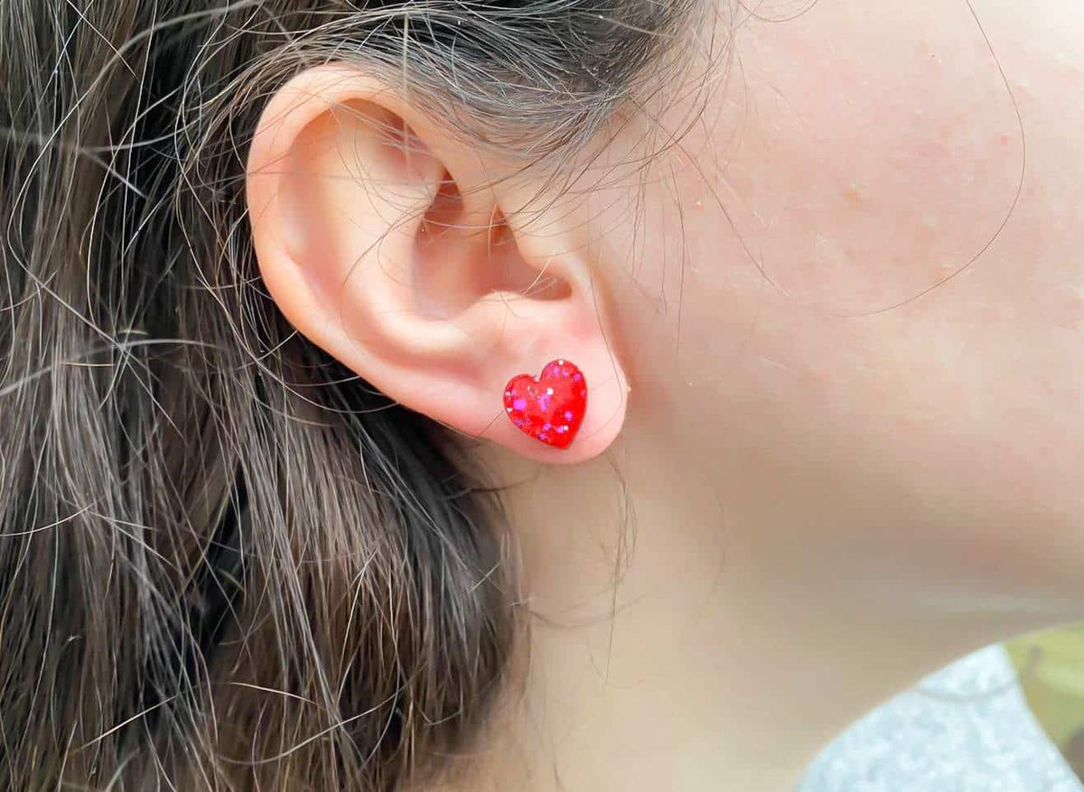 Glitter Heart Stud Earrings - 9 colours available
