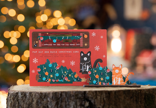Cat And Fallen Christmas Tree Pop Out Card - 5 available colours