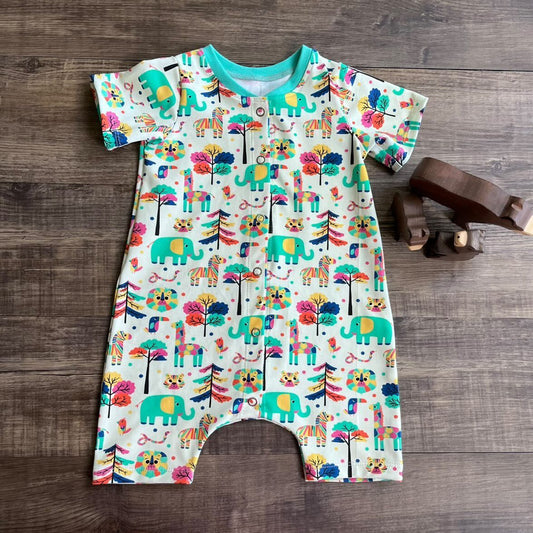 Short Popper-down Romper - Colourful Jungle
