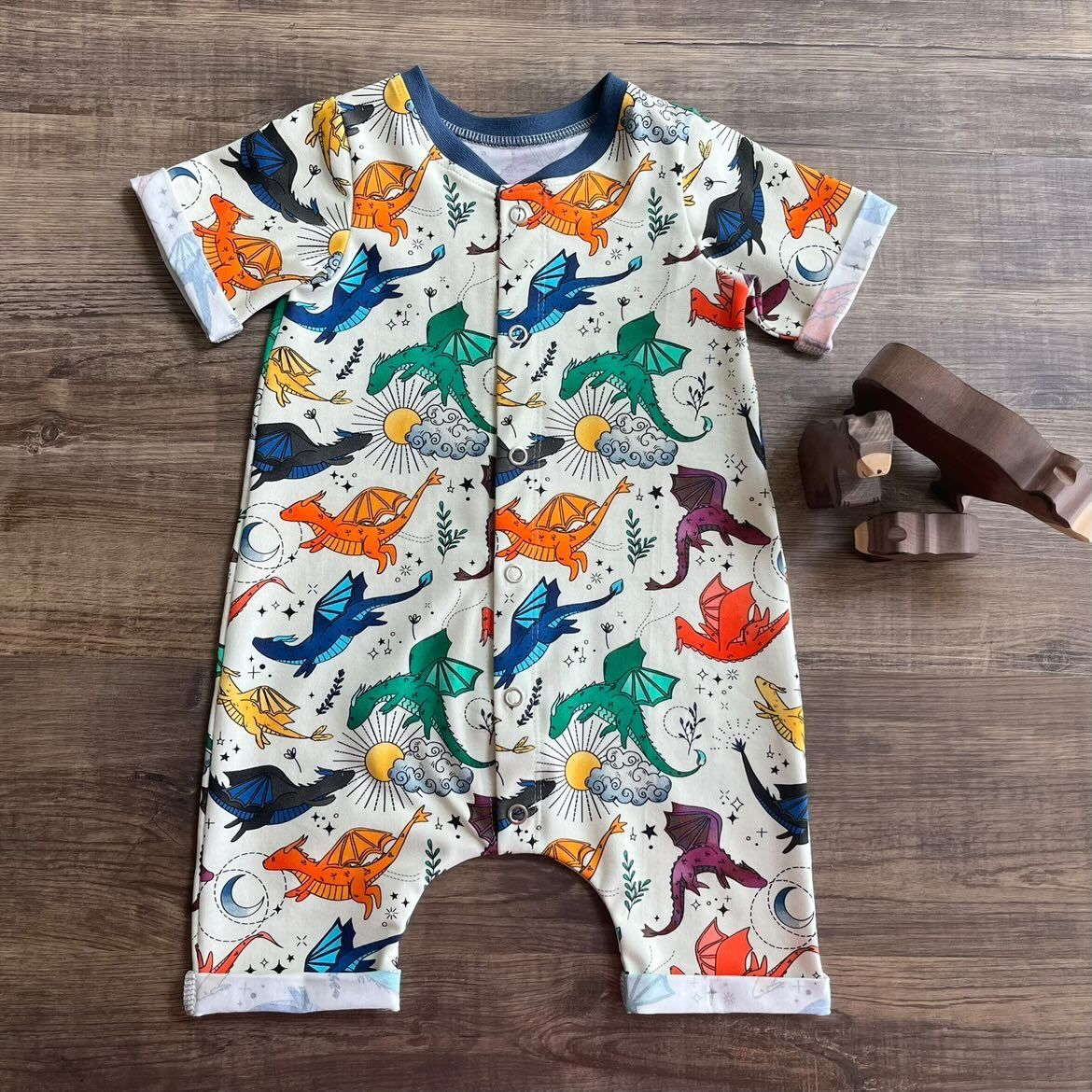 Short Popper-down Romper - Dragon